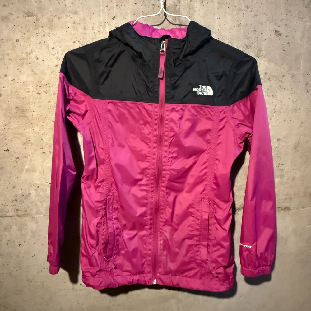 The North Face Girls' Magenta and Black Hooded Rain Jacket